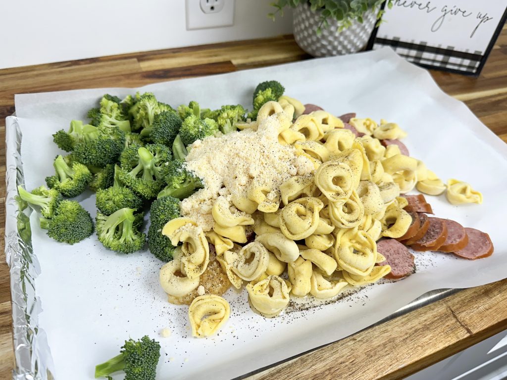 sheet pan sausage tortellini dinner