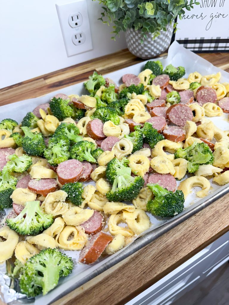 sheet pan sausage tortellini dinner