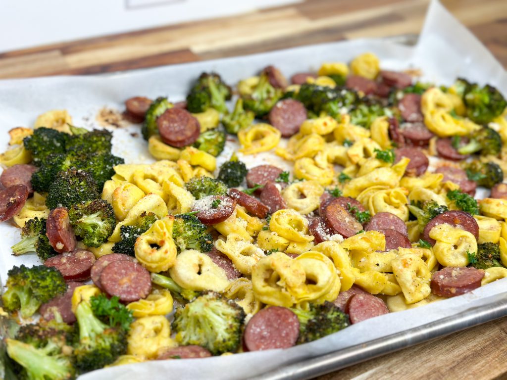 sheet pan sausage tortellini dinner